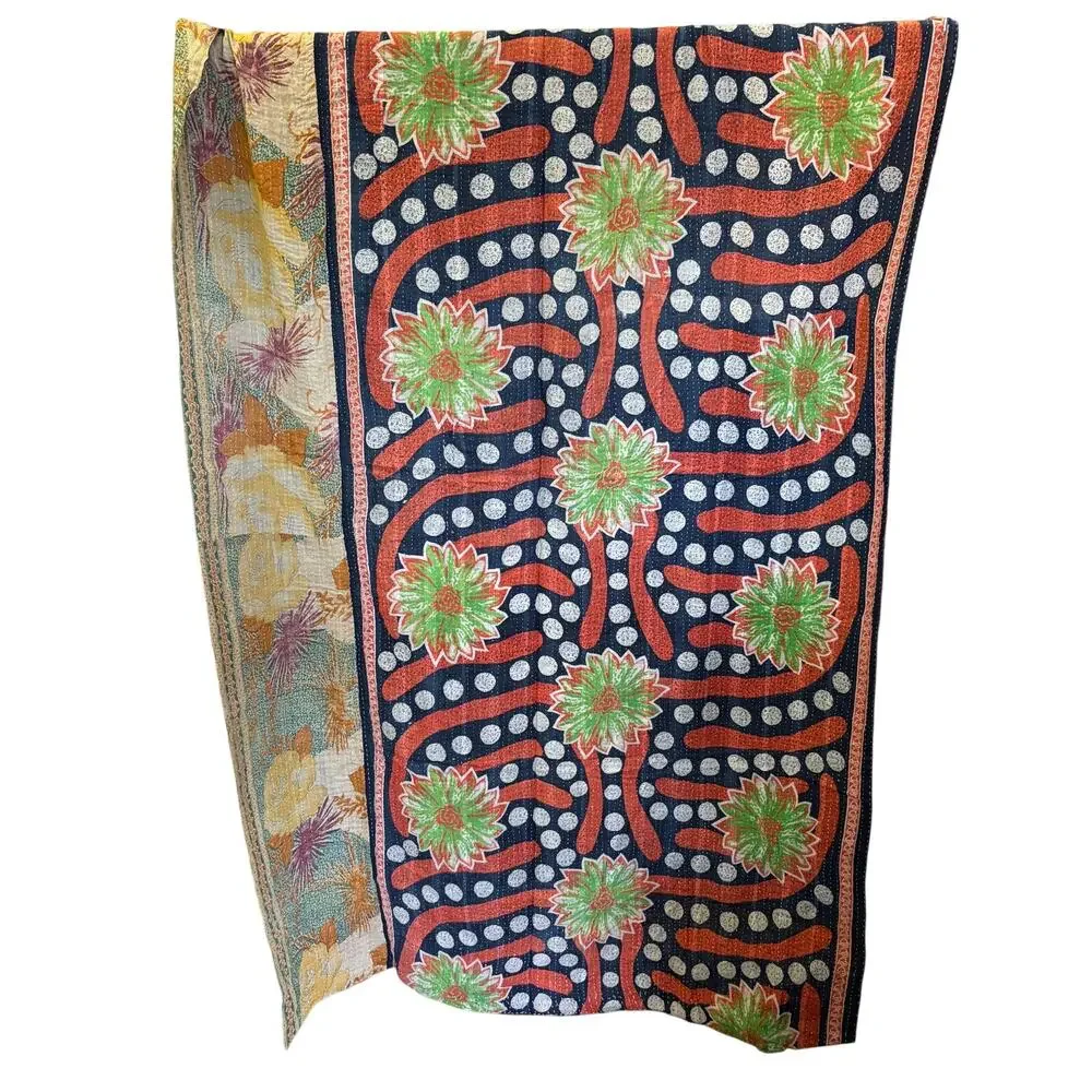 Handmade Kantha Quilt Throw Multicolor Apx 52” X 84”